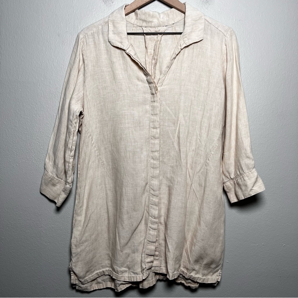 Foxcroft Women 100% Linen Button Down‎ Shirt Medium Tan Lagenlook Coastal